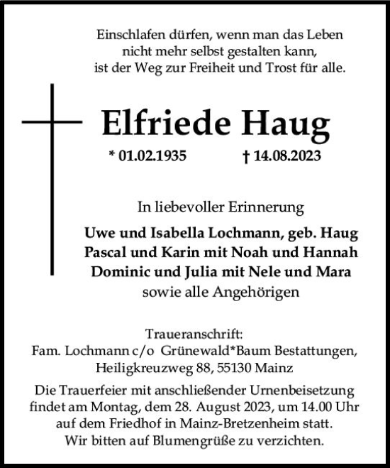 Traueranzeige von Elfriede Haug von Allgemeine Zeitung Mainz