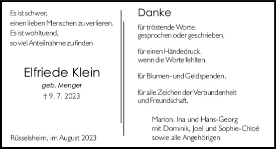 Traueranzeige von Elfriede Klein von Rüsselsheimer Echo
