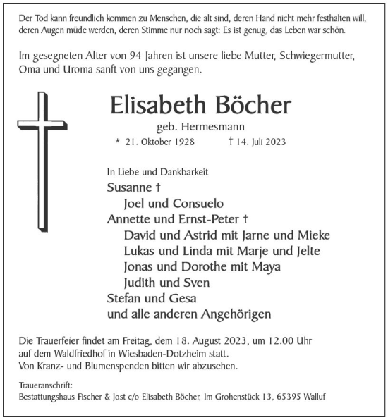 Traueranzeige von Elisabeth Böcher von Wiesbadener Kurier