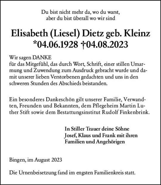 Traueranzeige von Elisabeth Dietz von Allgemeine Zeitung Bingen/Ingelheim