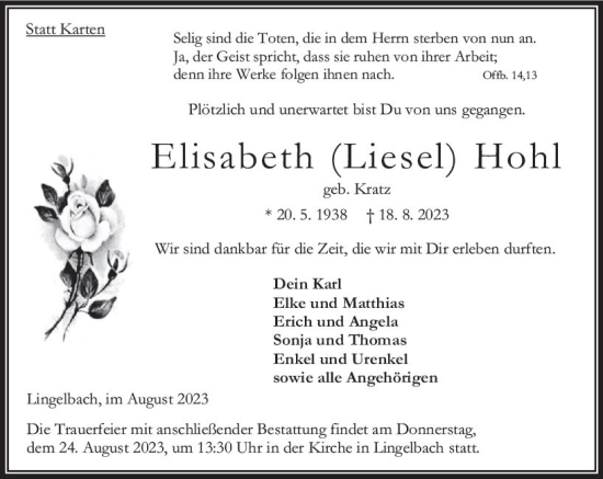 Traueranzeige von Elisabeth Hohl von VRM Trauer