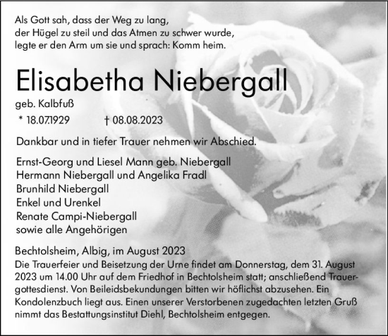 Traueranzeige von Elisabetha Niebergall von Allgemeine Zeitung Alzey