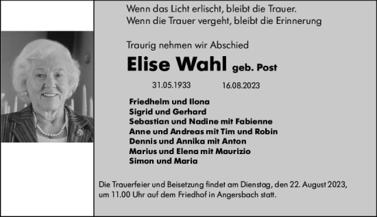 Traueranzeige von Elise Wahl von VRM Trauer
