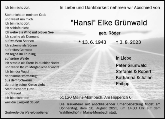 Traueranzeige von Elke Grünwald von Allgemeine Zeitung Mainz