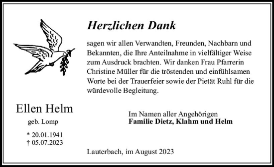 Traueranzeige von Ellen Helm von VRM Trauer