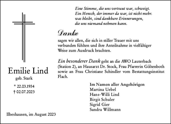 Traueranzeige von Emilie Lind von Oberhessen Kurier