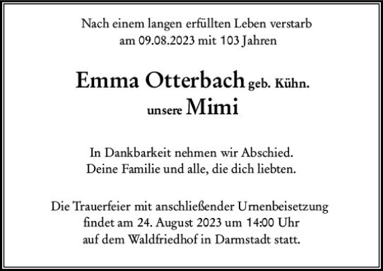 Traueranzeige von Emma Otterbach von Darmstädter Echo