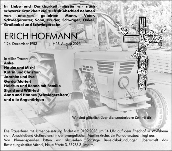 Traueranzeige von Erich Hofmann von Allgemeine Zeitung Bingen/Ingelheim