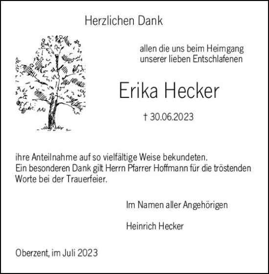 Traueranzeige von Erika Hecker von Odenwälder Echo