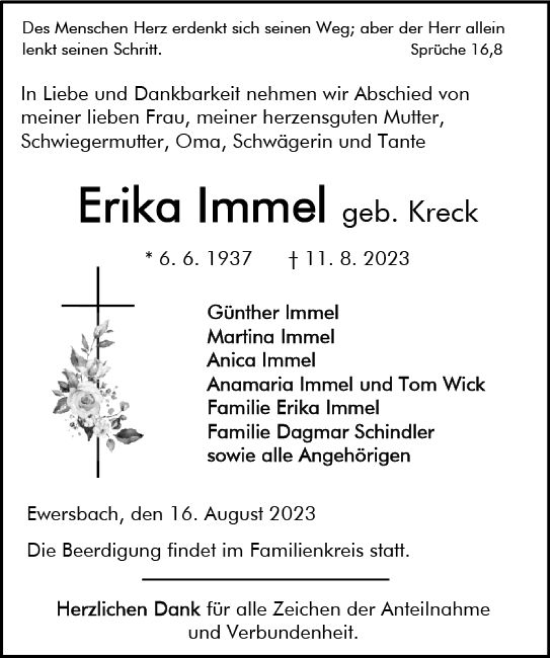 Traueranzeige von Erika Immel von Dill Block