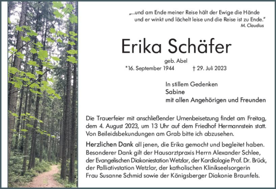 Traueranzeige von Erika Schäfer von Wetzlarer Neue Zeitung