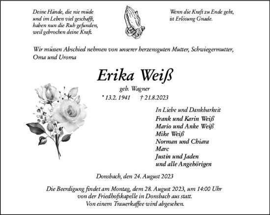Traueranzeige von Erika Weiß von Dill Block