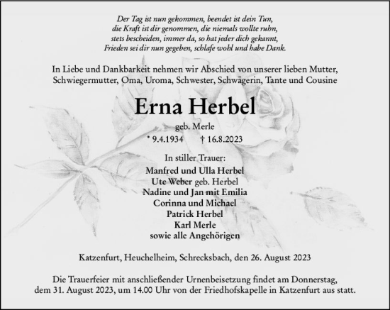 Traueranzeige von Erna Herbel von Wetzlarer Neue Zeitung