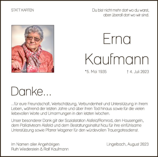 Traueranzeige von Erna Kaufmann von Oberhessen Kurier