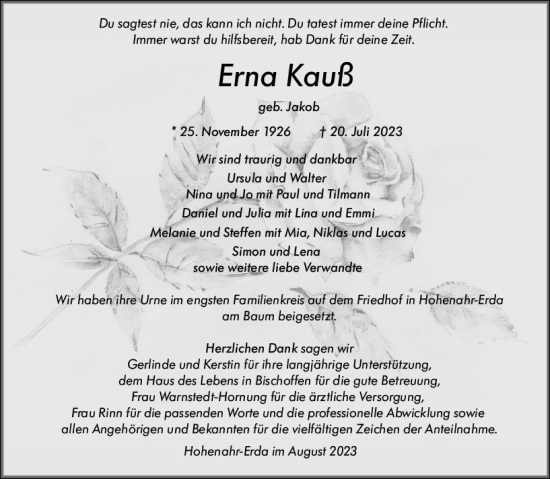 Traueranzeige von Erna Kauß von Wetzlarer Neue Zeitung