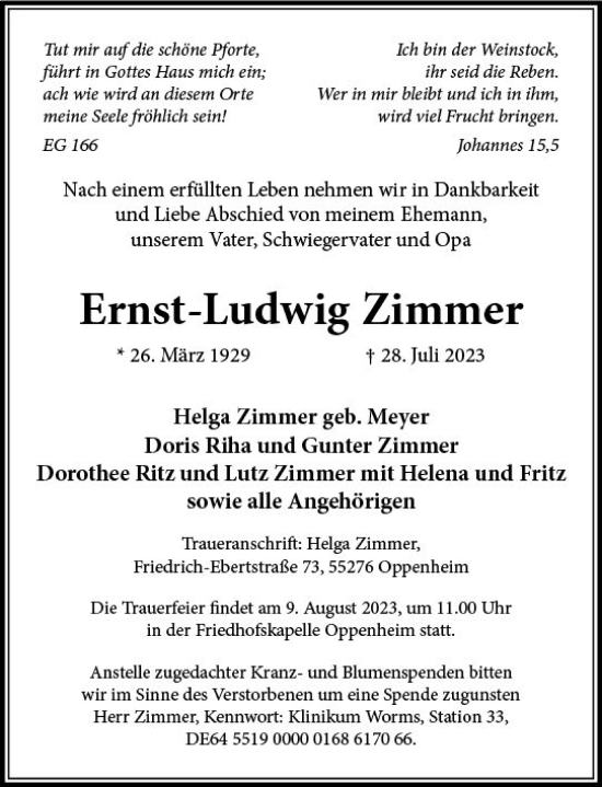 Traueranzeige von Ernst-Ludwig Zimmer von Allgemeine Zeitung Mainz