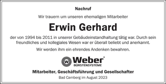 Traueranzeige von Erwin Gerhard von Camberger Anzeiger