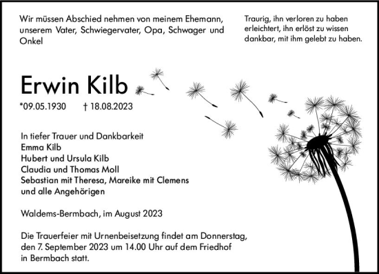 Traueranzeige von Erwin Kilb von Camberger Anzeiger