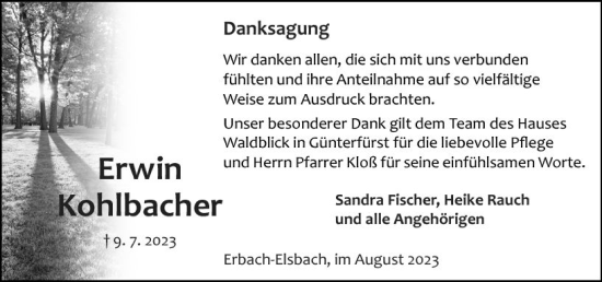 Traueranzeige von Erwin Kohlbacher von Odenwälder Echo