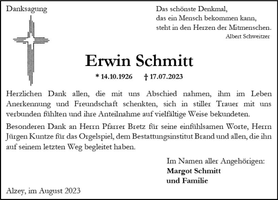 Traueranzeige von Erwin Schmitt von Allgemeine Zeitung Alzey