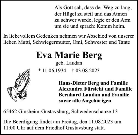 Traueranzeige von Eva Marie Berg von Allgemeine Zeitung Mainz