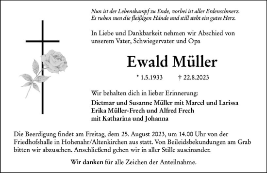 Traueranzeige von Ewald Müller von Wetzlarer Neue Zeitung