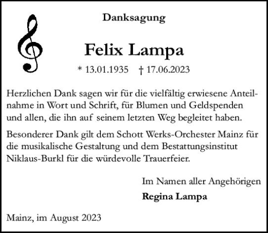 Traueranzeige von Felix Lampa von Allgemeine Zeitung Mainz
