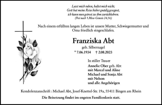 Traueranzeige von Franziska Abt von Allgemeine Zeitung Bingen/Ingelheim