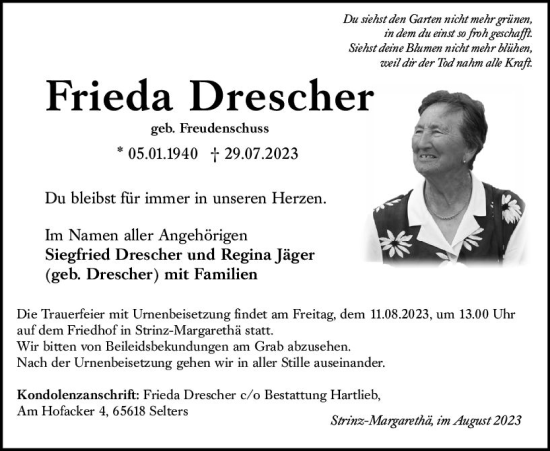Traueranzeige von Frieda Drescher von Idsteiner Land/Untertaunus