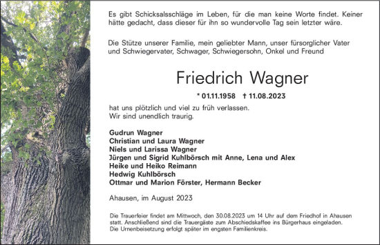 Traueranzeige von Friedrich Wagner von Weilburger Tageblatt
