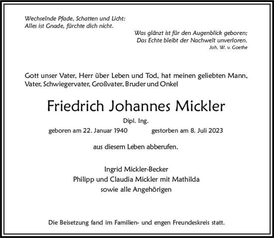 Traueranzeige von Friedrich Johannes Mickler von Allgemeine Zeitung Mainz