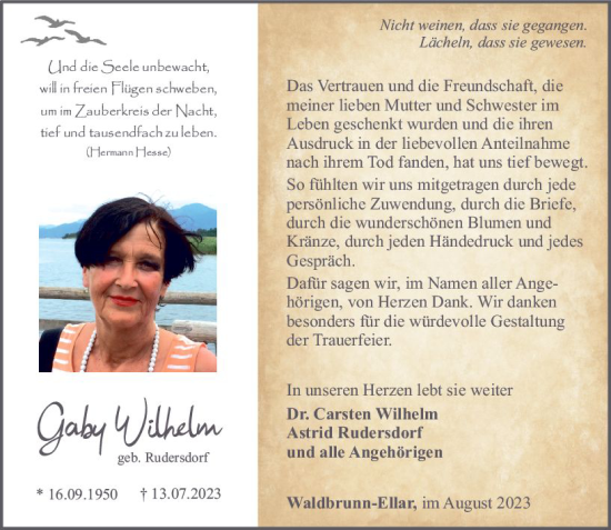 Traueranzeige von Gaby Wilhelm von Nassauische Neue Presse