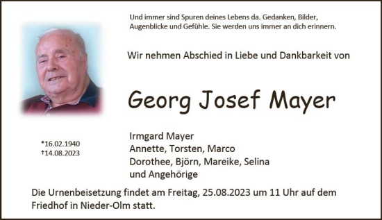 Traueranzeige von Georg Josef Mayer von Allgemeine Zeitung Mainz