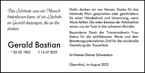 Traueranzeige von Gerald  Bastian von Dill Block