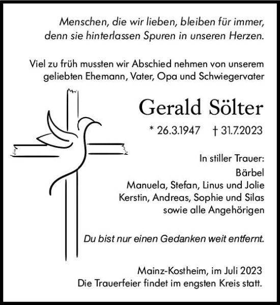 Traueranzeige von Gerald Sölter von Allgemeine Zeitung Mainz