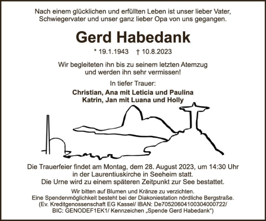 Traueranzeige von Gerd Habedank von Darmstädter Echo