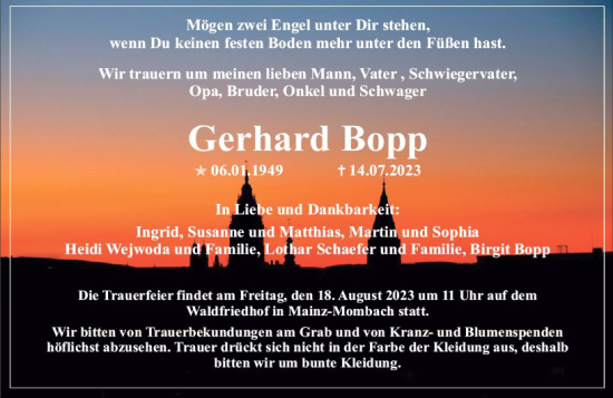 Traueranzeige von Gerhard Bopp von Allgemeine Zeitung Mainz