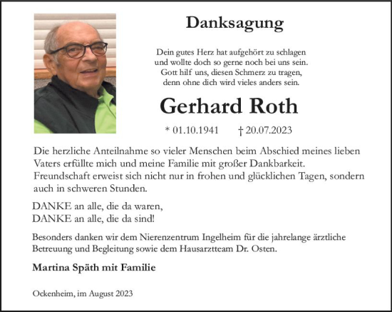 Traueranzeige von Gerhard Roth von Allgemeine Zeitung Bingen/Ingelheim