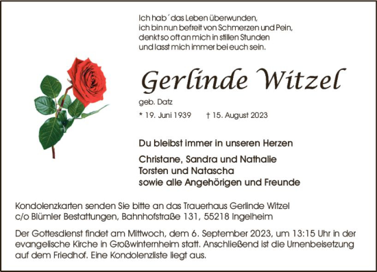 Traueranzeige von Gerlinde Witzel von Allgemeine Zeitung Bingen/Ingelheim