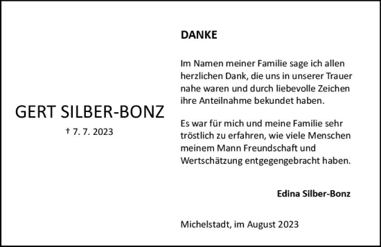 Traueranzeige von Gert Silber-Bonz von Odenwälder Echo