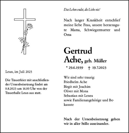 Traueranzeige von Gertrud Ache von Wetzlarer Neue Zeitung