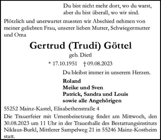 Traueranzeige von Gertrud Göttel von Allgemeine Zeitung Mainz