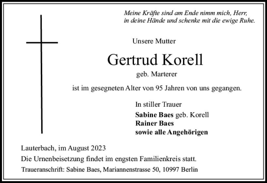 Traueranzeige von Gertrud Korell von VRM Trauer