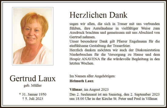 Traueranzeige von Gertrud Laux von Nassauische Neue Presse