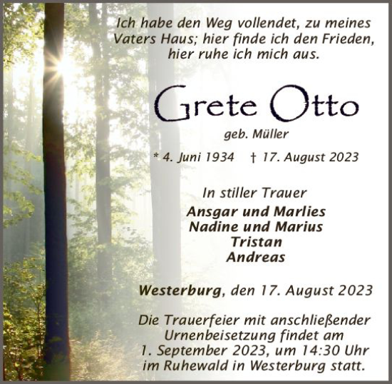 Traueranzeige von Grete Otto von Nassauische Neue Presse