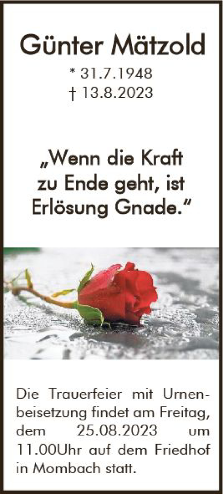 Traueranzeige von Günter Mätzold von Allgemeine Zeitung Mainz