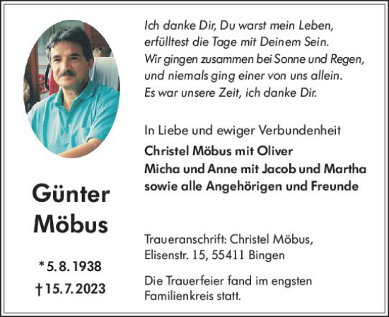 Traueranzeige von Günter Möbus von Bingen/Ingelheim WOBL inkl. Neue Binger Ztg.