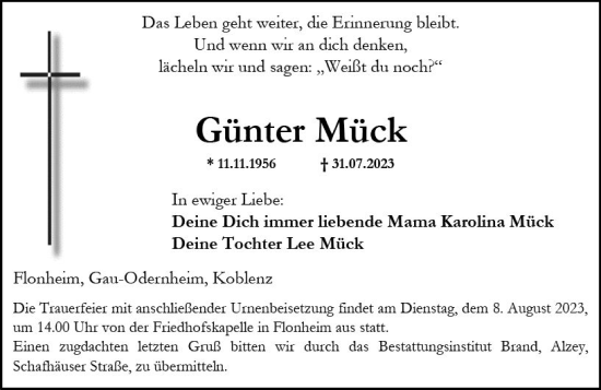 Traueranzeige von Günter Mück von Allgemeine Zeitung Alzey