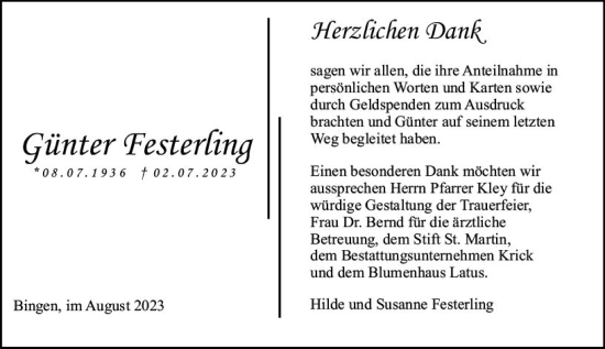 Traueranzeige von Günter Testerring von Allgemeine Zeitung Bingen/Ingelheim