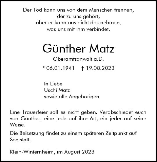 Traueranzeige von Günther Matz von Allgemeine Zeitung Mainz